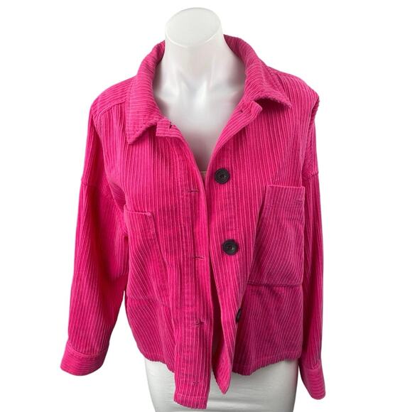Zara Pink Corduroy Velvet Velour Button Collar Pockets Long Sleeve Coat Jacket L - Picture 1 of 4